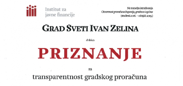 Gradu Sveti Ivan Zelina priznanje za transparentnost gradskog proračuna